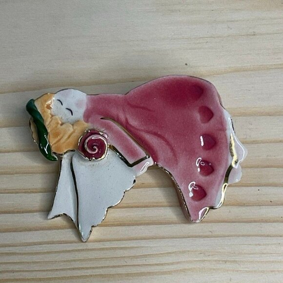 Hand Painted Ceramic Angel Brooch Pink and White With Gold Details - Picture 2 of 4